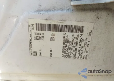 2009 Nissan Maxima 3.5 Sv z USA, uszkodzony, nr VIN 1N4AA51E39C829574